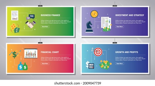 Web-Banner-Vorlage in Vektorgrafik mit Symbolen der Unternehmensfinanzierung, Investitionen und Strategie, Finanzkarte, Wachstum und Gewinne. Flache Designsymbole in Vektorgrafik.