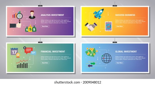Plantilla de banners web en vector con iconos de inversión de análisis, negocios de éxito, inversión financiera, inversión global. Iconos planos de diseño en ilustración vectorial.