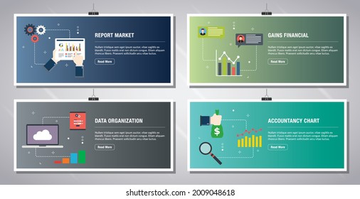 Web banners template in vector with icons of report market, gains financial, data organization and accountancy chart. Flat design icons in vector illustration.