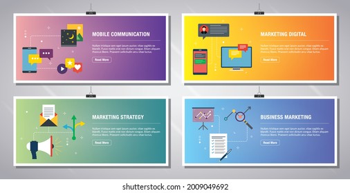 Web banners template in vector with icons of mobile communication, marketing digital, marketing strategy and business marketing. Flat design icons in vector illustration.