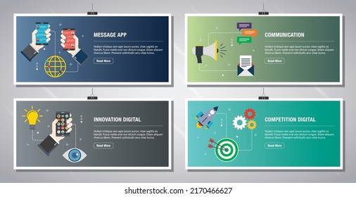 Plantilla de banners web en vector con iconos de aplicación de mensajes, comunicación, innovación digital, competencia digital. Iconos planos de diseño en ilustración vectorial.
