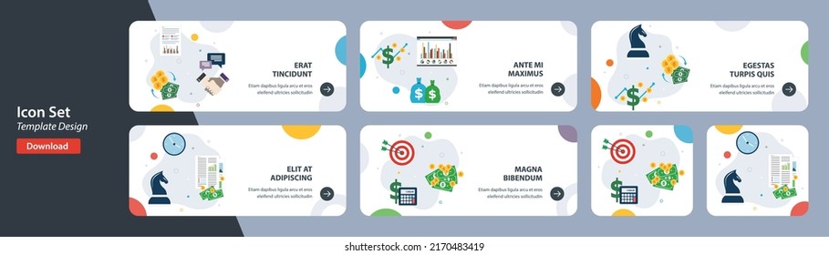 Web banners template in vector with icons of business finance, investment and strategy, financial chart, growth and profits. Flat design icons in vector illustration.