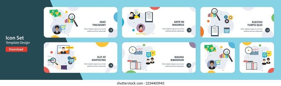 Plantilla de banners web en vector con iconos de evaluación financiera, retroalimentación de informes, análisis y clasificación, retroalimentación de negocios. Iconos planos de diseño en ilustración vectorial.
