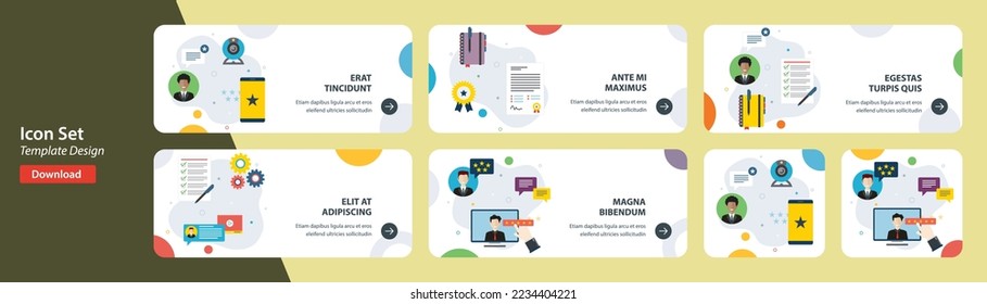 Web banners template in vector with icons of online review, feedback customer, contract service and rating service. Flat design icons in vector illustration.