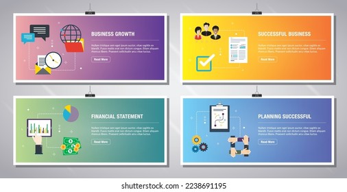 Web banners template in vector with icons of business growth, successful business, financial statement and planning successful. Flat design icons in vector illustration.