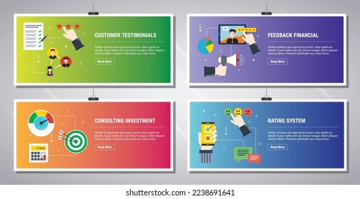 Plantilla de banners web en vector con iconos de testimonios de clientes, retroalimentación financiera, inversión de consultoría y sistema de calificación. Iconos planos de diseño en ilustración vectorial.