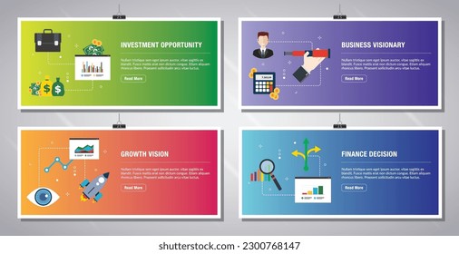 Web banners template in vector with icons of investment opportunity, business visionary, growth vision  and finance decision. Flat design icons in vector illustration.