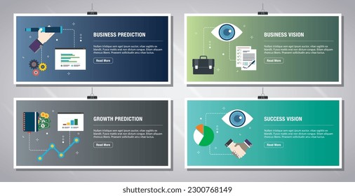 Web banners template in vector with icons of business prediction, business vision, growth prediction and success vision. Flat design icons in vector illustration.