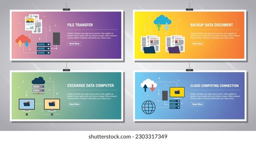 Plantilla de banners Web en vector con iconos de transferencia de archivos, documento de datos de respaldo, equipo de intercambio de datos y computación en nube.Iconos de diseño plano en ilustración vectorial.