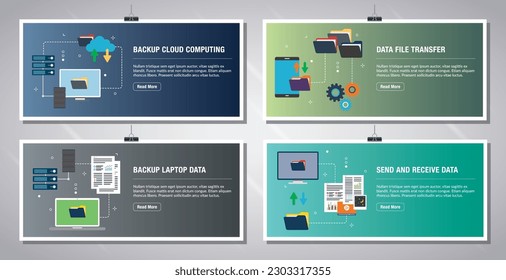 Web banners template in vector with icons of backup cloud computing, backup laptop data, send and receive data.Flat design icons in vector illustration.