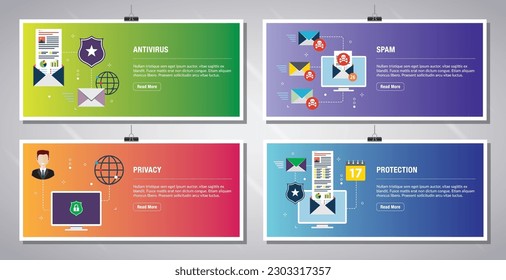 Web banners template in vector with icons of antivirus for protection,  blocking spam, protect of privacy, virus and phishing. Flat design icons in vector illustration.