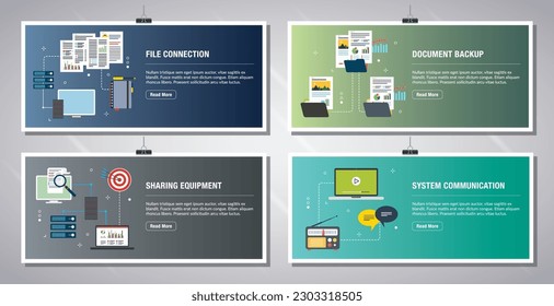Plantilla de banners Web en vector con iconos de conexión de archivos, copia de seguridad de documentos, equipo de uso compartido y comunicación del sistema. Iconos planos de diseño en ilustración vectorial.