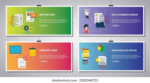 Plantilla de banners web en vector con iconos de eliminación de archivos, eliminación de documentos, papelera y destrucción de datos de smartphone. Iconos planos de diseño en ilustración vectorial.