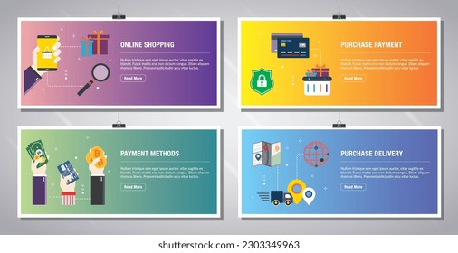 Plantilla de banners web en vectores con iconos de compra en línea, pago de compra, métodos de pago, entrega de compra. Iconos planos de diseño en ilustración vectorial.