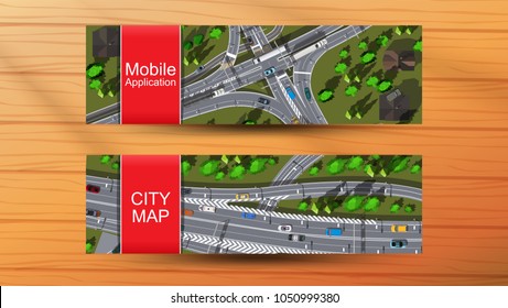 web banners with top view city maps and roads
