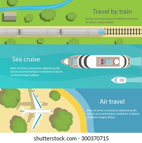 Web banners with top view of train, ship, plane, flat vector icons. Travel and delivery concepts, vector illustration