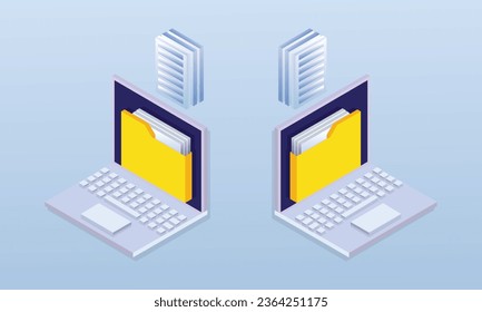 Web banners, two laptop transfer files and folder organization.on blue background.isometric Vector Design Illustration.