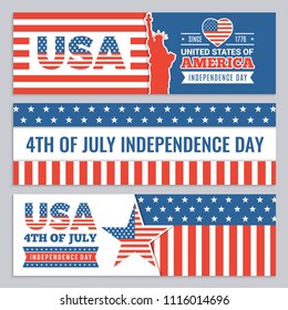 Web banners of USA independence day. Vector design template of horizontal banners with Americans identity symbols on white background