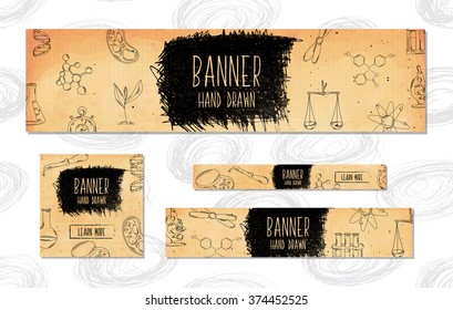 Web Banners for websites 4 different sizes in retro style hand drawn. Chemistry, biology, pharmaceuticals and research. Vector illustration