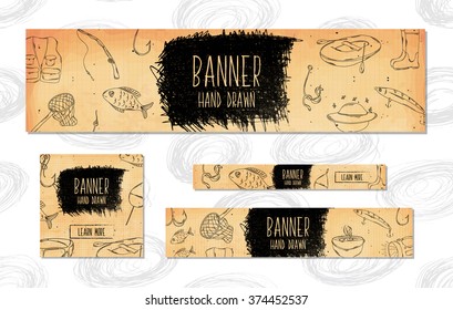 Web Banners for websites 4 different sizes in retro style hand drawn. Fishing tackle and accessories for fishing in rivers, lakes, seas and oceans . Vector illustration