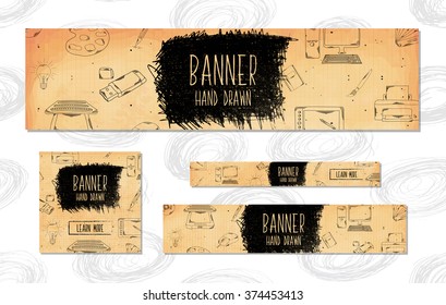 Web Banners for websites 4 different sizes in retro style hand drawn. Computer equipment and art supplies for designers, web designers and programmers. Vector illustration