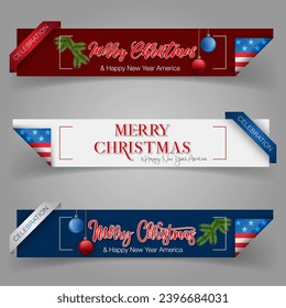 Web banners for winter holidays, design background with handwriting texts, Christmas tree branch and Christmas decoration for American Christmas celebration event;Vector illustration