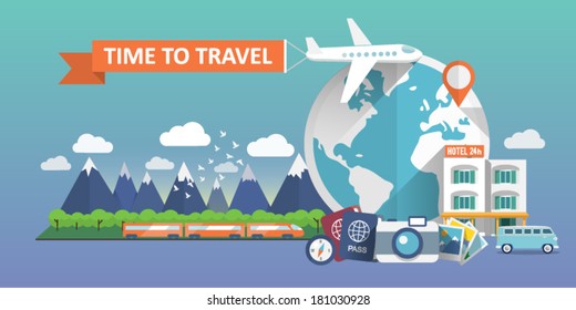 Web Banner.Travel Banner. Airplane Trip In Various Country. Traveling By Airplane, Train, Car. Mountains, Clouds, Birds, Forest, Passport, Compass, Camera, Hotel. Flat Design. Vector Illustration.