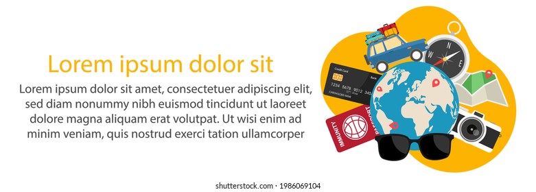 Web banner.Travel banner. Road car trip in various country. Traveling by airplane, train, car. Passport, compass, camera, hotel. Flat design. Vector illustration and immunity passport.