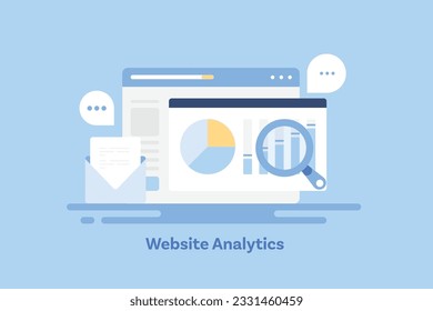 Web based website analytics application. Website SEO custom report. Email tracking, Digital marketing statistics. Vector illustration background with icons