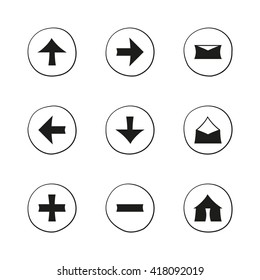 Web black flat icons set. Hand-drawn round buttons. Isolated. Vector illustration. Arrows, Letters (version 2), Home, Plus, Minus