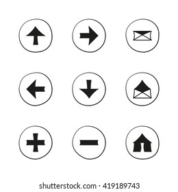 Web black flat icons set. Hand-drawn round buttons. Isolated. Vector illustration. Arrows, Letters (version 3), Home, Plus, Minus
