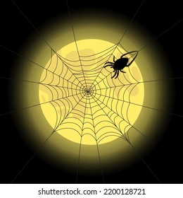 Web with a black spider against the background of a dark night black sky with a full moon. Drawing for Halloween. Vector illustration