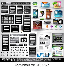 Web Black Stuff EXTREME Collection: 3 Full websites,hundreds of icons,headers,footers,login forms, paper tag with transparent shadow,stickers,business cards and so on