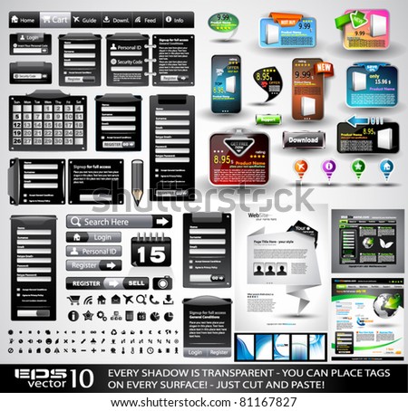 Web Black Stuff EXTREME Collection: 3 Full websites,hundreds of icons,headers,footers,login forms, paper tag with transparent shadow,stickers,business cards and so on