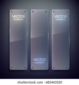 Web blank vertical banners with glass surface attached to dark grid background isolated vector illustration