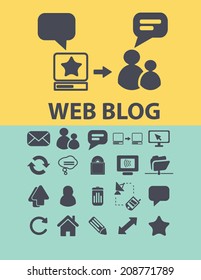 web blog, internet site, chat, community black flat icons, signs, symbols set, vector