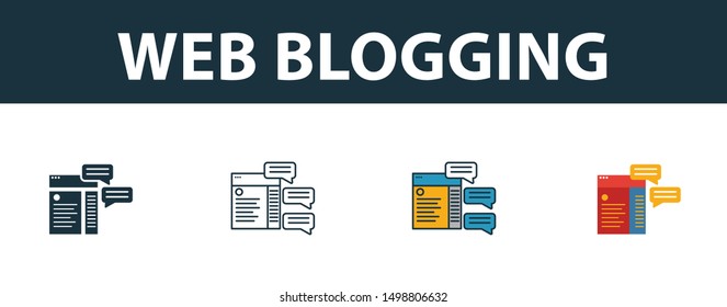 Web Blogging icon set. Four elements in diferent styles from online marketing icons collection. Creative web blogging icons filled, outline, colored and flat symbols.