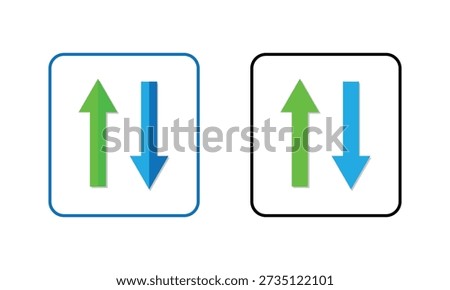 Web blue arrow up and green down arrow sign. flat style design. up and down arrows icon vector, filled flat sign, solid pictogram isolated on white. exchange symbol. vector illustration. EPS 10 .