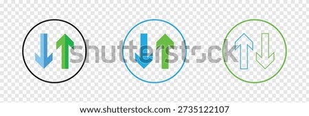 Web blue arrow up and green down arrow sign. flat style design. up and down arrows icon vector, filled flat sign, solid pictogram isolated on white. exchange symbol. vector illustration. EPS 10 .