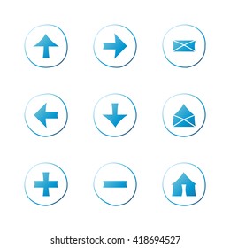 Web blue gradient icons set. Hand-drawn round buttons. Isolated. Vector illustration. Arrows, Letters, Home, Plus, Minus