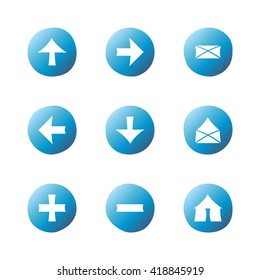 Web blue gradient icons set. Hand-drawn round buttons. Isolated. Vector illustration. Arrows, Letters, Home, Plus, Minus