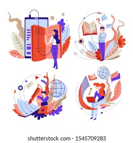 Web books and lessons online, Internet education isolated abstract icons vector. Textbooks and audio lecture, laptop and smartphone, students in headphones. Reading and test, knowledge and literature