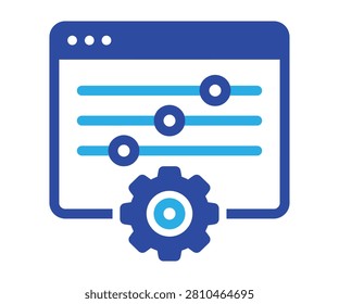 Web browser application interface tracking horizontal adjustment sliders combined with a mechanical gear cog wheel icon. Software backend configuration dashboard symbol.