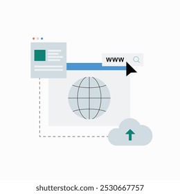 Web browser and cloud upload in flat vector illustration symbolizing internet connectivity, cloud computing, and data sharing, isolated on white background.