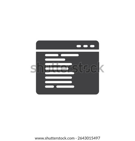 Web browser code solid glyph icon. A browser vector icon with code brackets, ideal as a glyph-style solid icon symbolizing coding, web development, or scripting environments