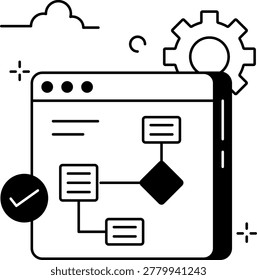 A web browser displaying a logical flowchart alongside a gear and a checkmark. This represents software architecture planning and successful system implementation in programming.