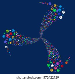 Web Browser fireworks swirl rotation. Vector illustration style is flat bright multicolored iconic symbols on a blue background. Object spiral organized from random symbols.