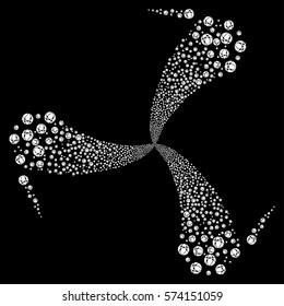 Web Browser fireworks swirl rotation. Vector illustration style is flat white iconic symbols on a black background. Object twirl done from random pictographs.
