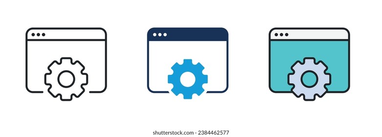 Web browser and gear icon. Line, glyph and filled outline colorful version. Symbol, logo illustration. Different style icons set. Pixel perfect vector graphics.