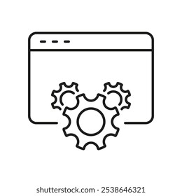 Navegador de Web con engranaje para configuración en línea y Configuraciones Icono de línea. Navegador de Internet y signo de engranaje para mantenimiento y Asistencia de Sitios web. Trazo Editable. Ilustración vectorial aislada.